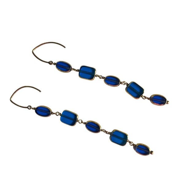 Long Blue Gold Dangle Earrings Clear Glass Ovals Rectangles Statement Elegant - Picture 4 of 6